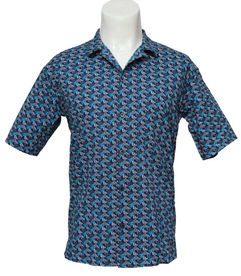 メンズカジュアルコットン半袖シャツ、青とグレーのプリントシャツ