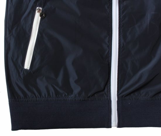 ハイエンドジップファスニングコート、ホワイトブルーブラックパッチワークフード付きスポーツコート